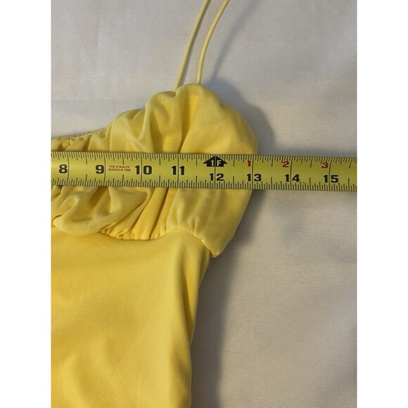 HELLO MOLLY Yellow Gathered Bust Mini Bodycon Dress Large Straps Stretch Spring - Picture 14 of 15